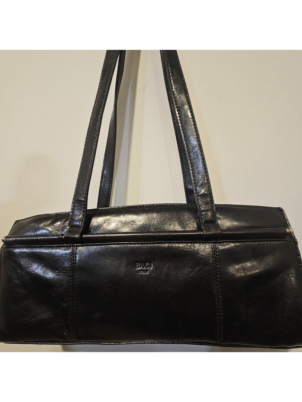 Vintage Baci Italy Black Genuine Leather Shoulder Bag Multi Compartment READ